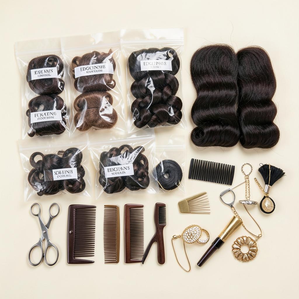 Braider starter kit with packs of braiding hair, combs, and styling accessories