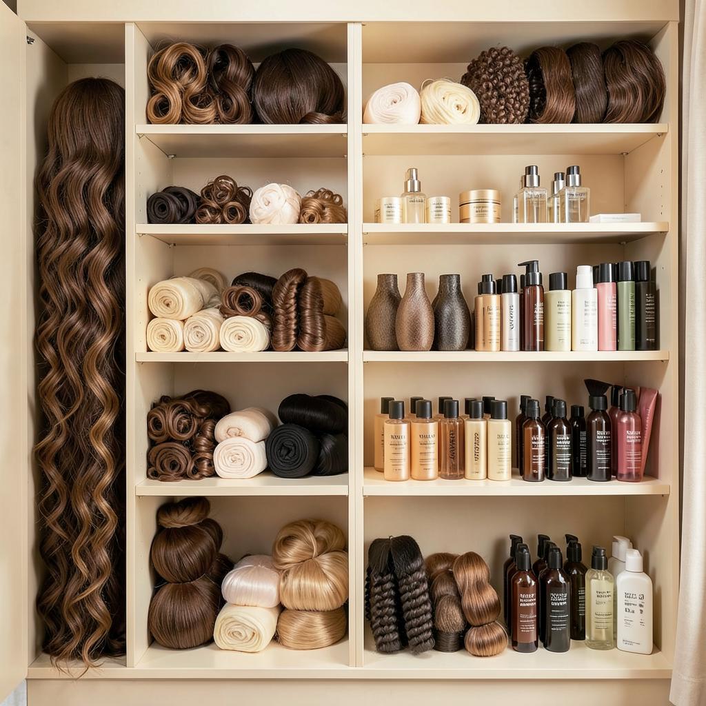 Salon shelves stocked with wigs, bundles, and hair care products