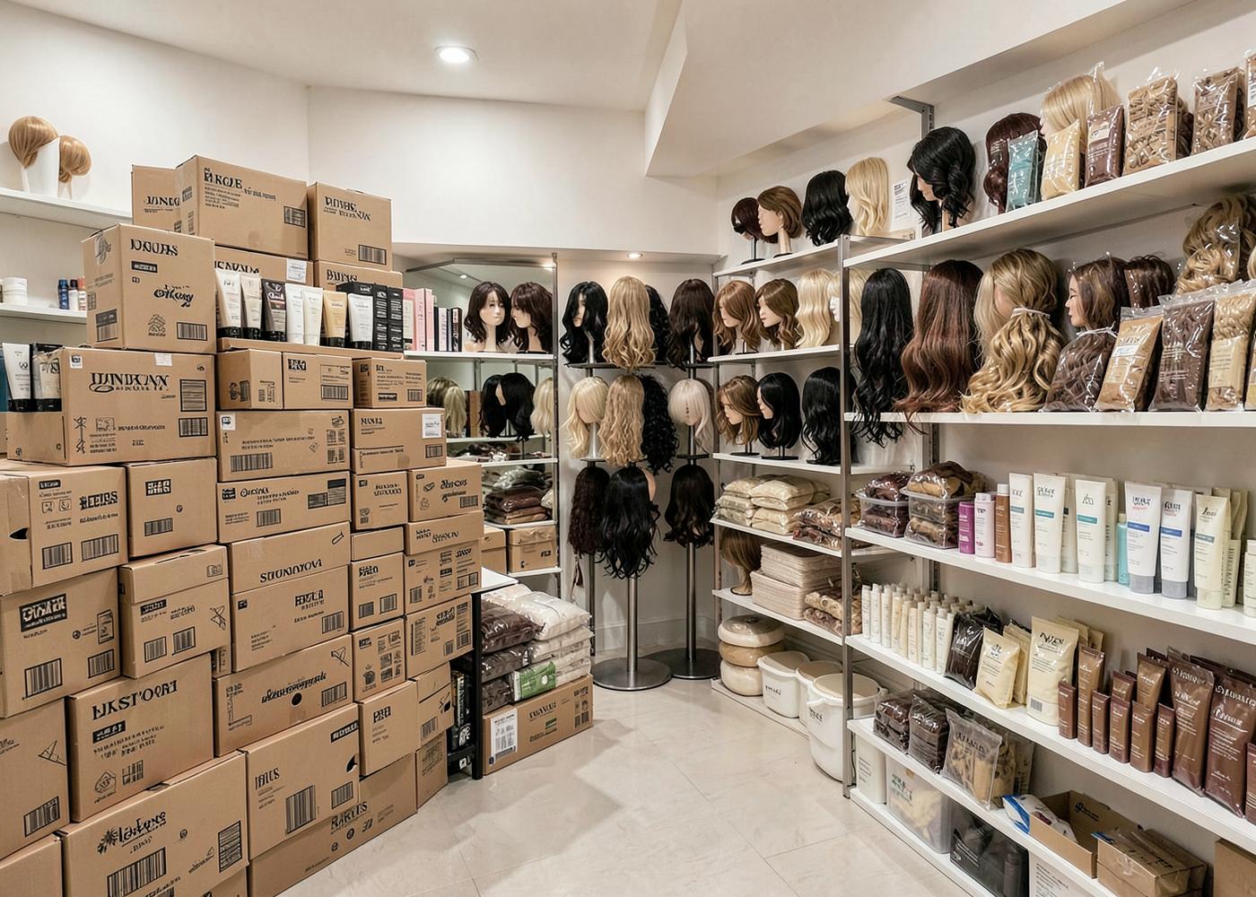 Wholesale hair inventory of wigs, bundles and beauty products on stocked shelves