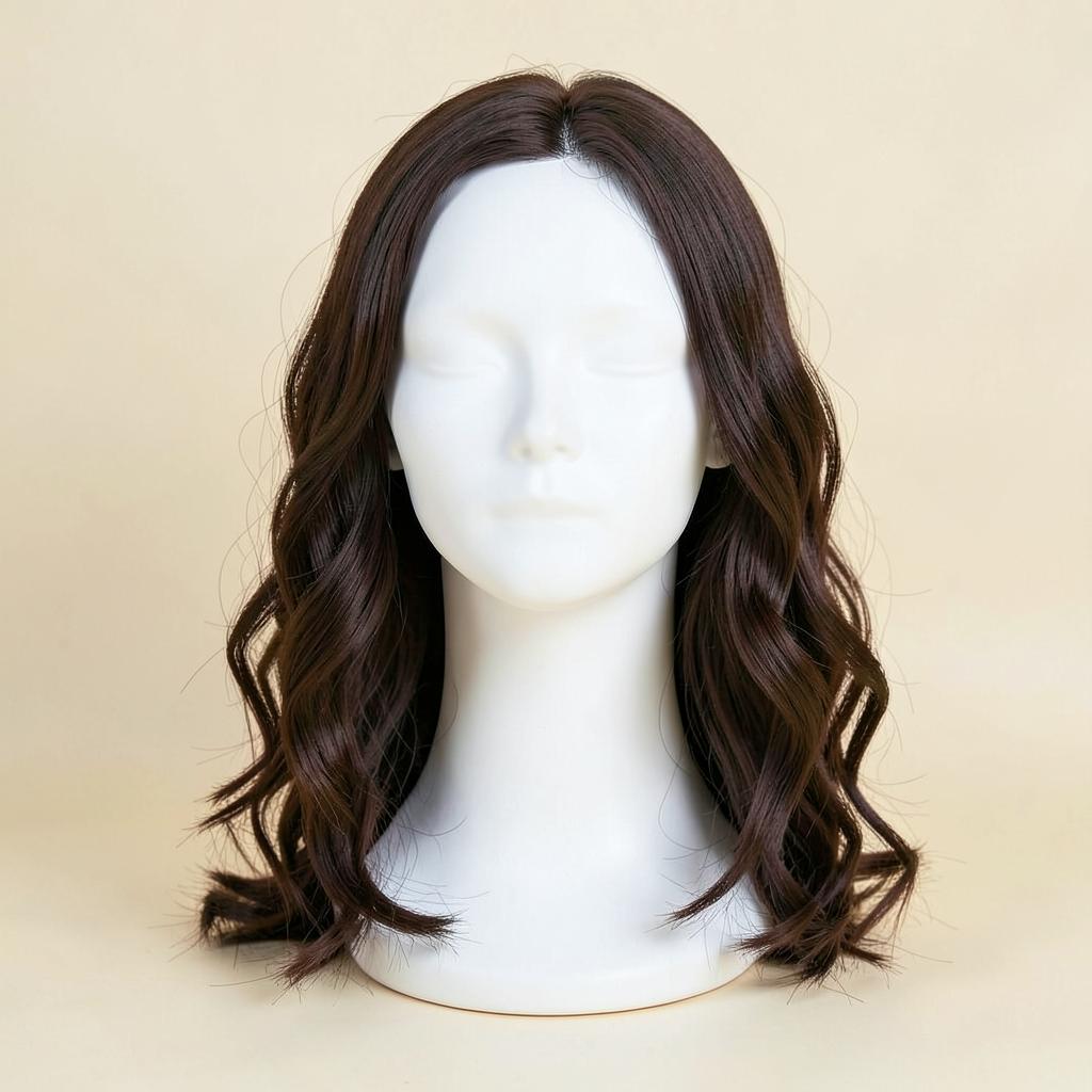Body wave dark brown lace front wig on a styling mannequin