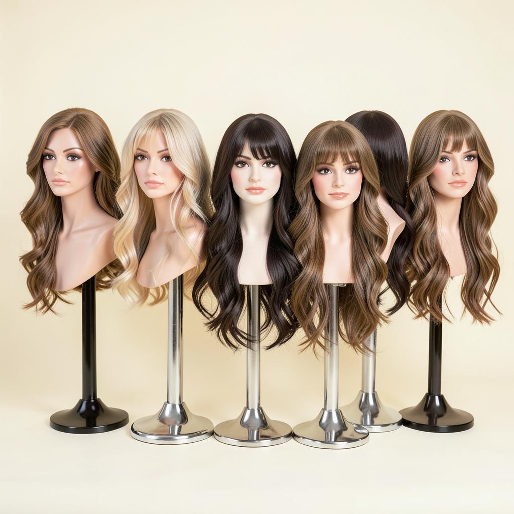 Assortment of wigs displayed on mannequin stands in a row