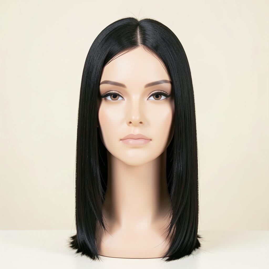 Silky straight black lace front wig displayed on a mannequin head